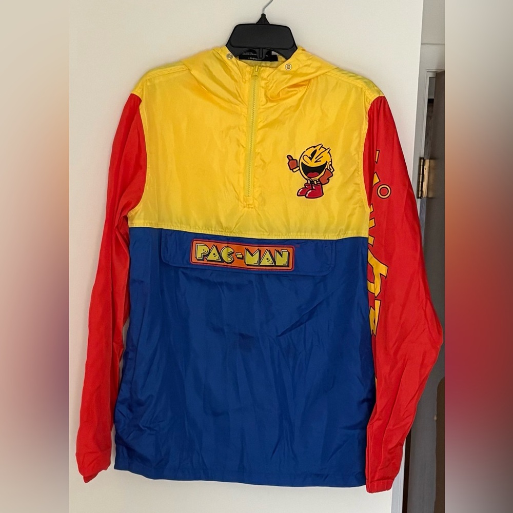 Pac-Man Colorblock Hooded 1/4 Zip Windbreaker Jacket 80’s Vibes Retro Video Game